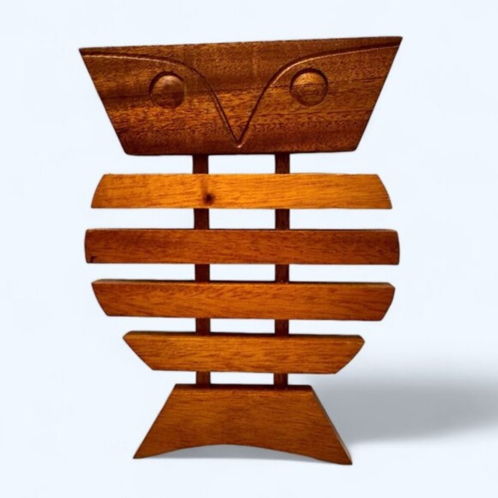 Vintage Wood Owl Trivet Brazil Tullio Bottino Handmade Medium Brown